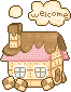 a pixel house with 'welcome' emitting from the smoking chimney